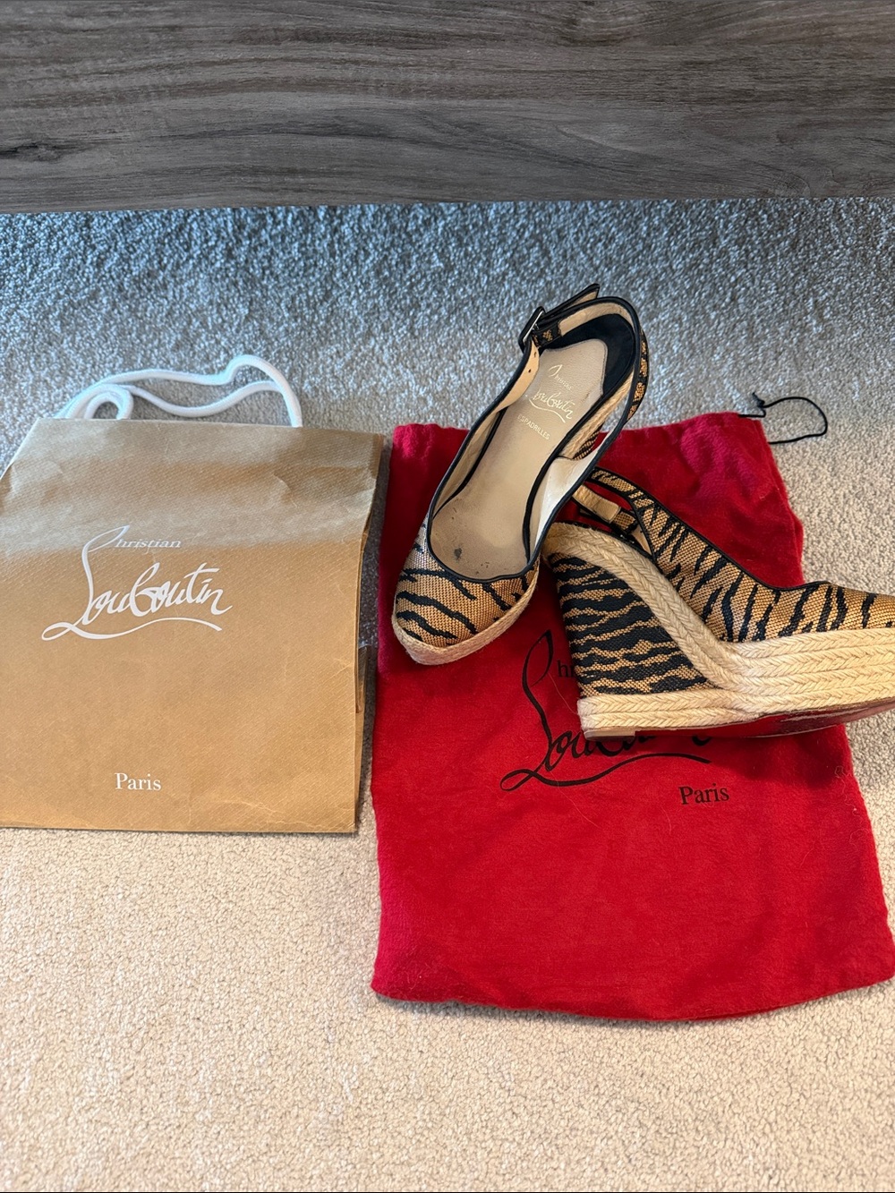 Christian Louboutin Tiger-Print Espadrille Wedges - Tan & Black